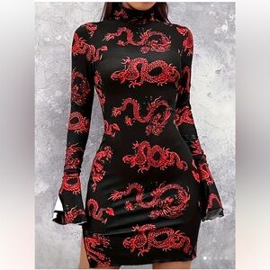 Chic Black and Red Dragon Print Long Sleeve Dress